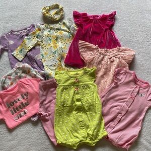 Baby Girl 9 Item Bundle: 3-6 Months, Dresses, PJs, Rompers, Bodysuits, Pants